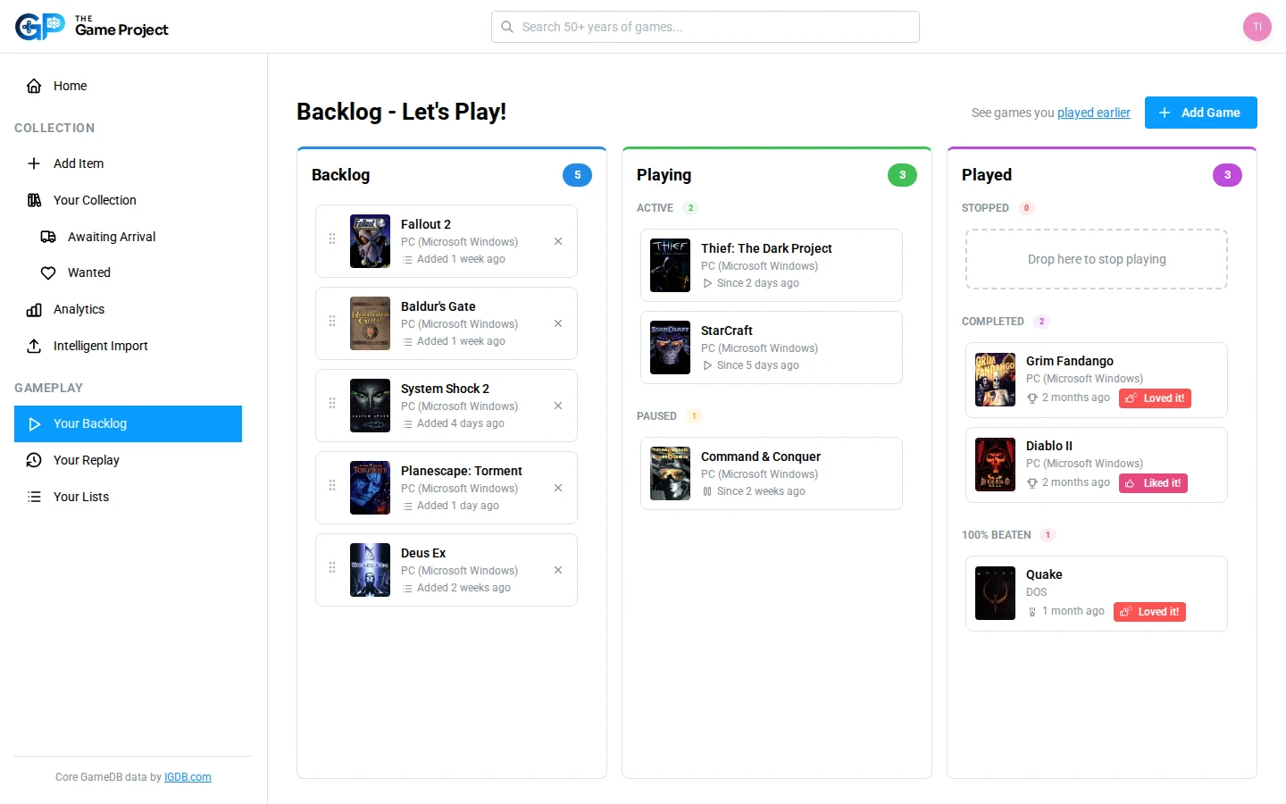 Video game backlog tracker organised by playing status and priority
