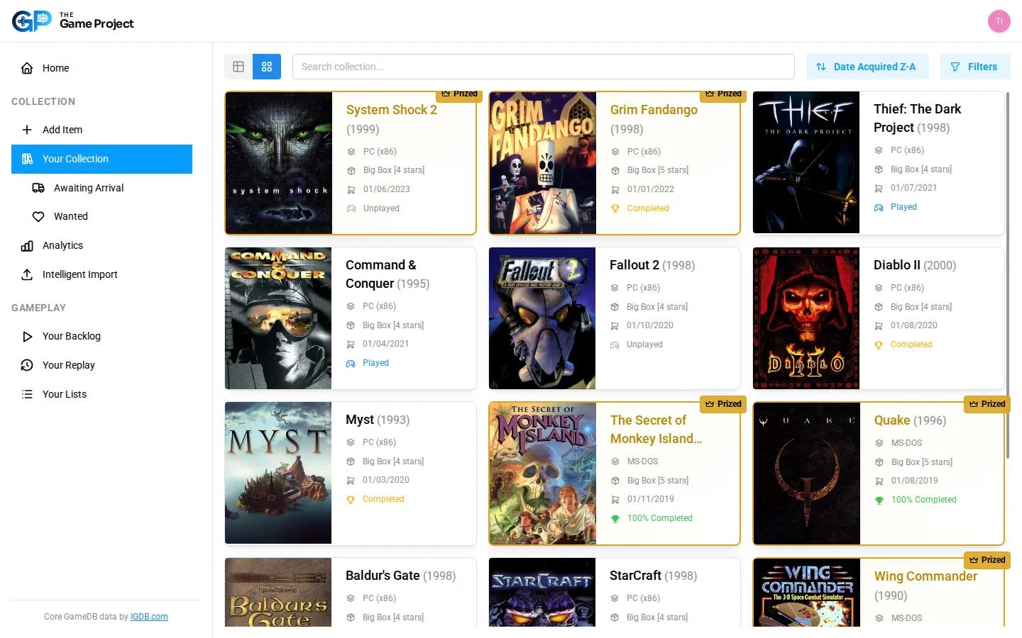 The Game Project collection view showing a library of classic games