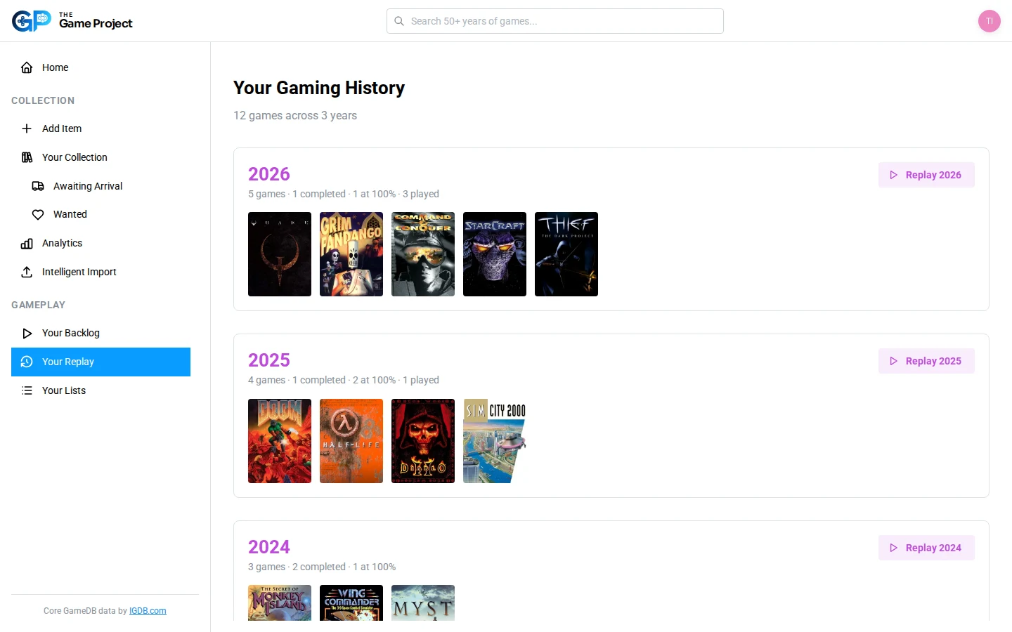 Yearly Replay summary of games played and completed